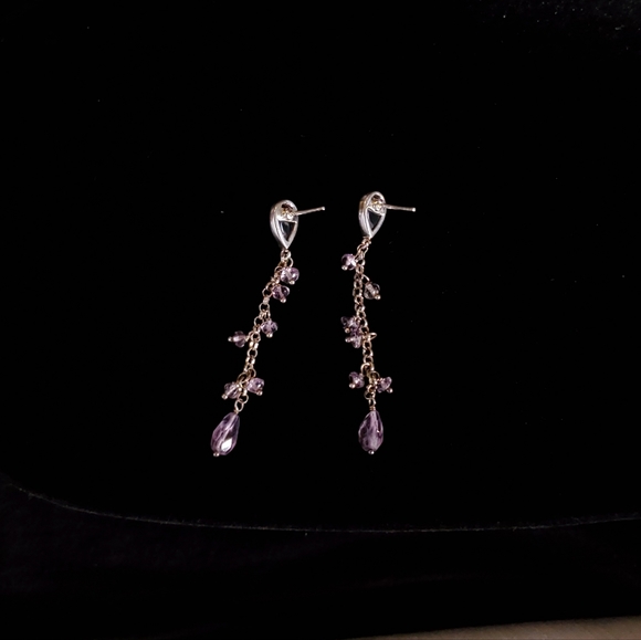 Purple and Silver Dangling Earrings Stone Glass - Picture 4 of 9